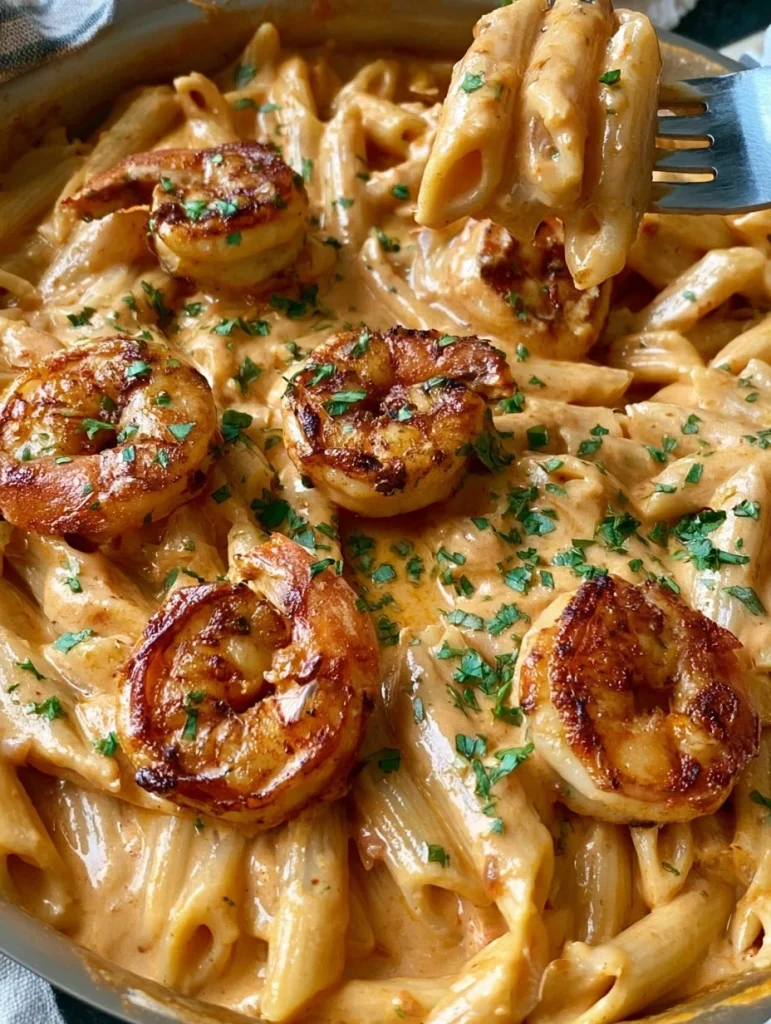 Deliciosa pasta de camarones cásame lista para servir.