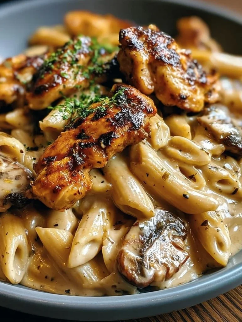 Plato de Pasta Marsala con pollo, receta deliciosa y fácil de preparar.