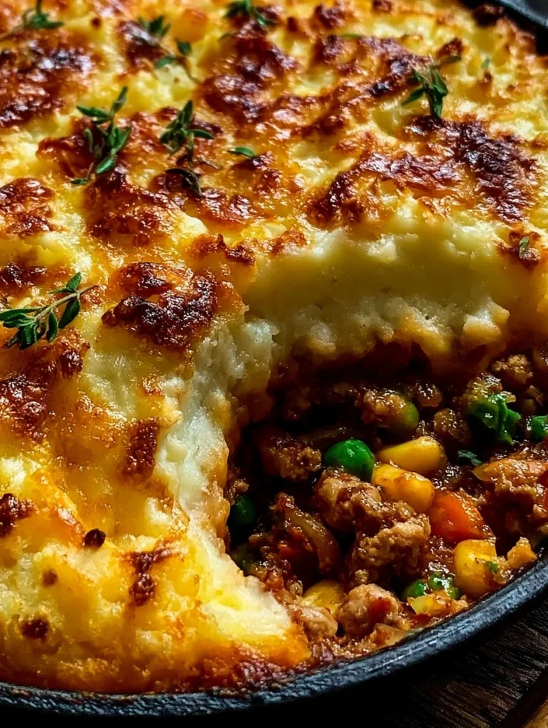 Pastel de pastor de pavo en plato, decorado con hierbas frescas