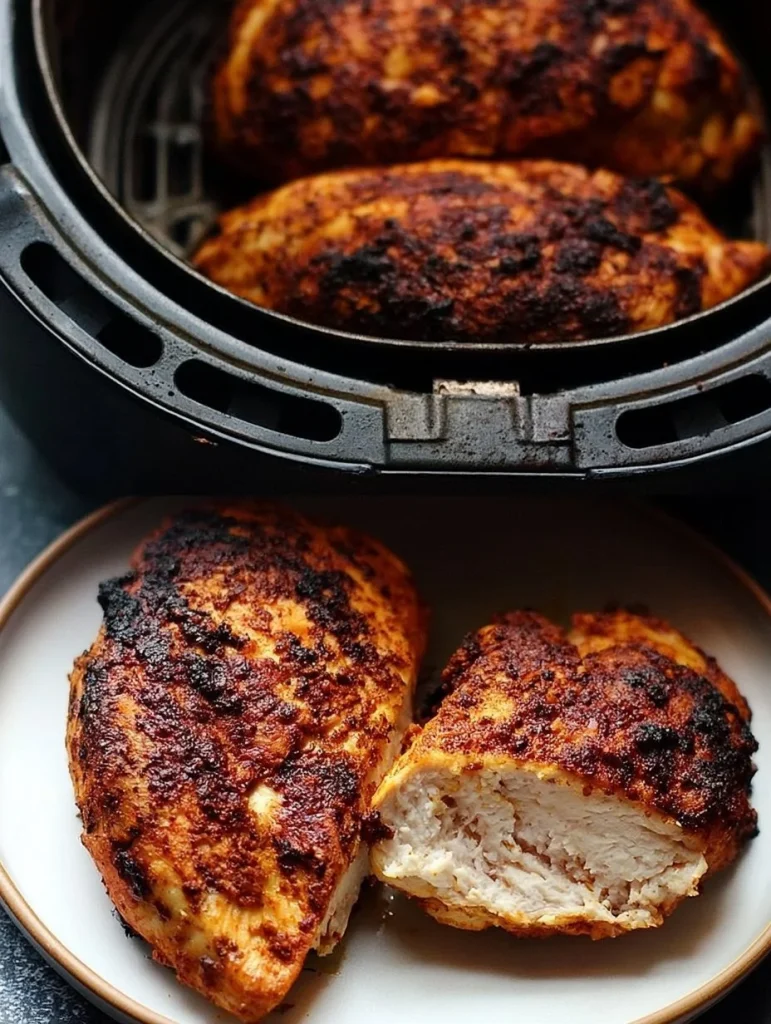 Pechuga de Pollo cocinada en Air Fryer, crujiente y jugosa en el plato
