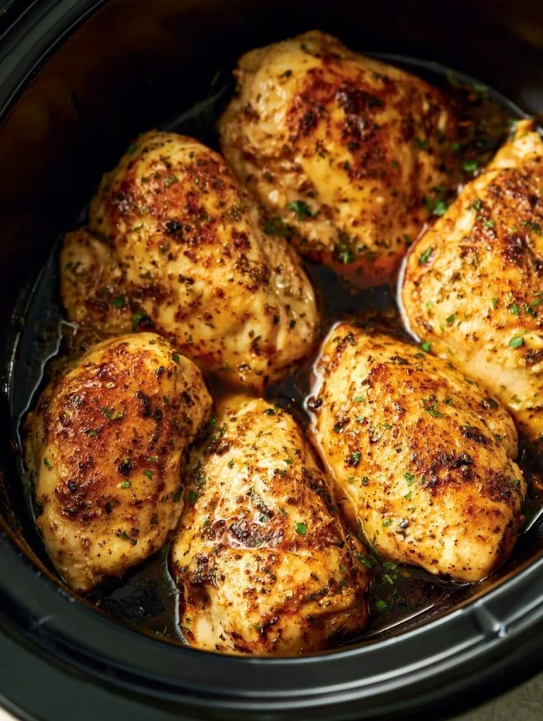 Pechugas de pollo cocinándose en una olla de cocción lenta