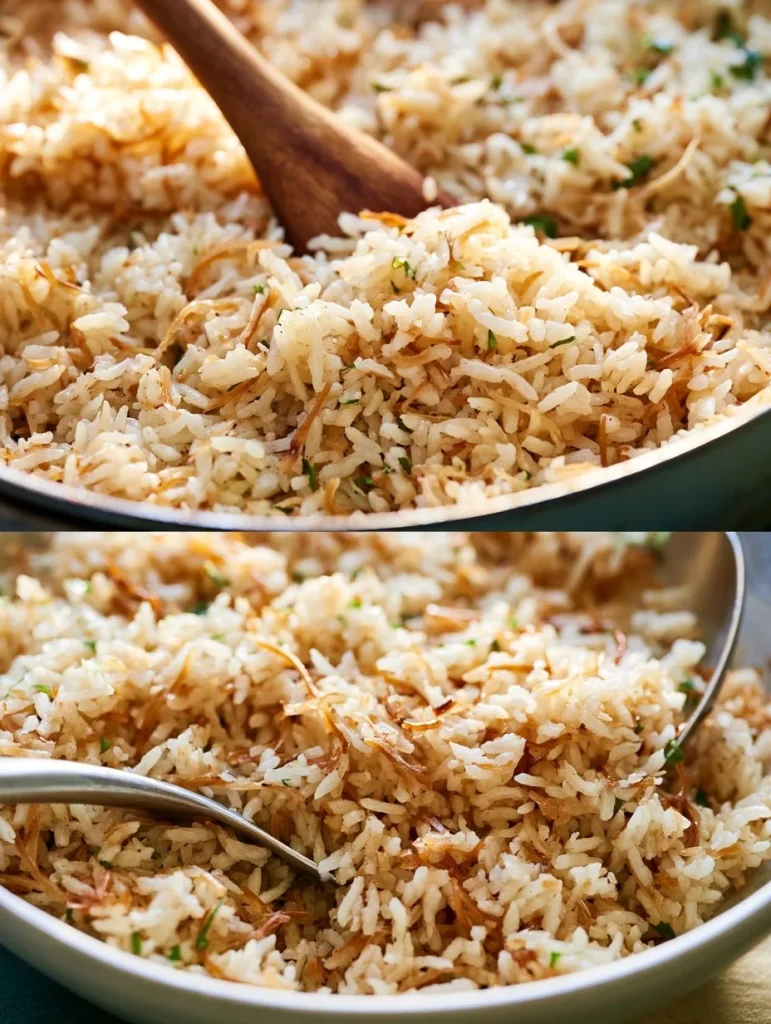 Plato de Pilaf de Arroz Perfecto recién preparado y servido en un bol.