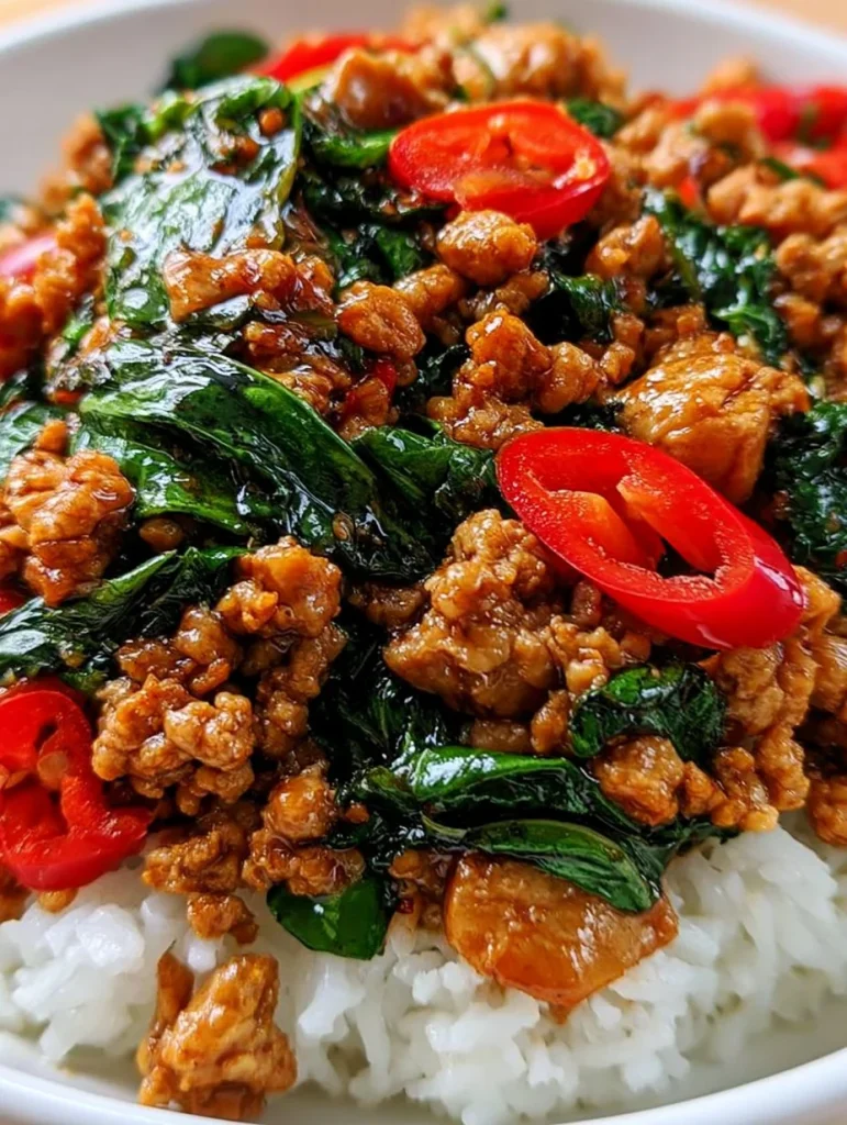 Plato de Pollo al albahaca tailandesa (Pad Krapow) servido con arroz y vegetales