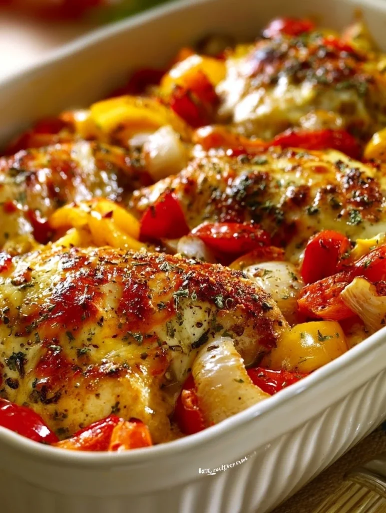 Plato de pollo al horno con queso y pimientos asados en la mesa