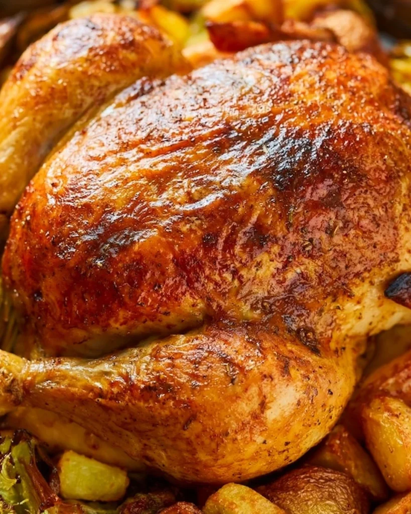 Plato de Pollo Asado recién salido del horno, dorado y jugoso.