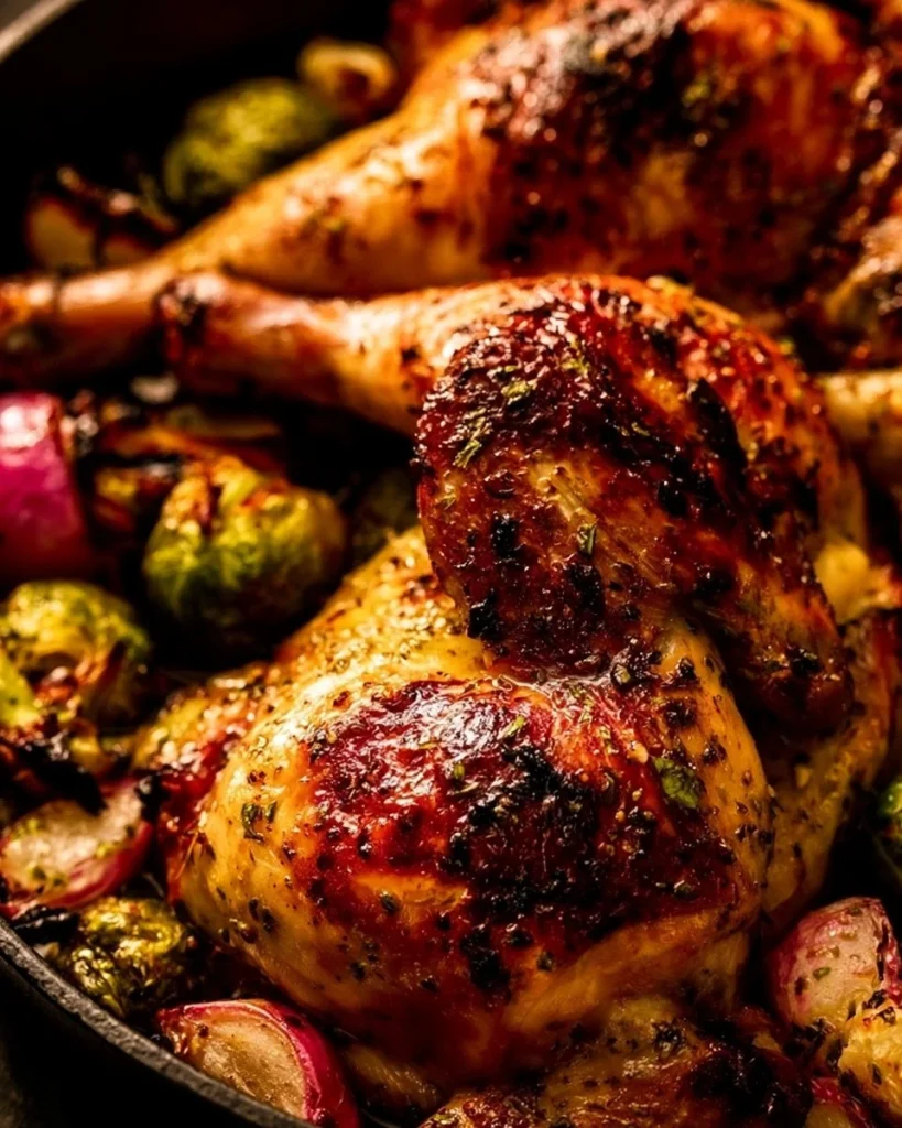 Pollo Asado a la Spatchcock cocinado a la perfección y presentado en un plato.