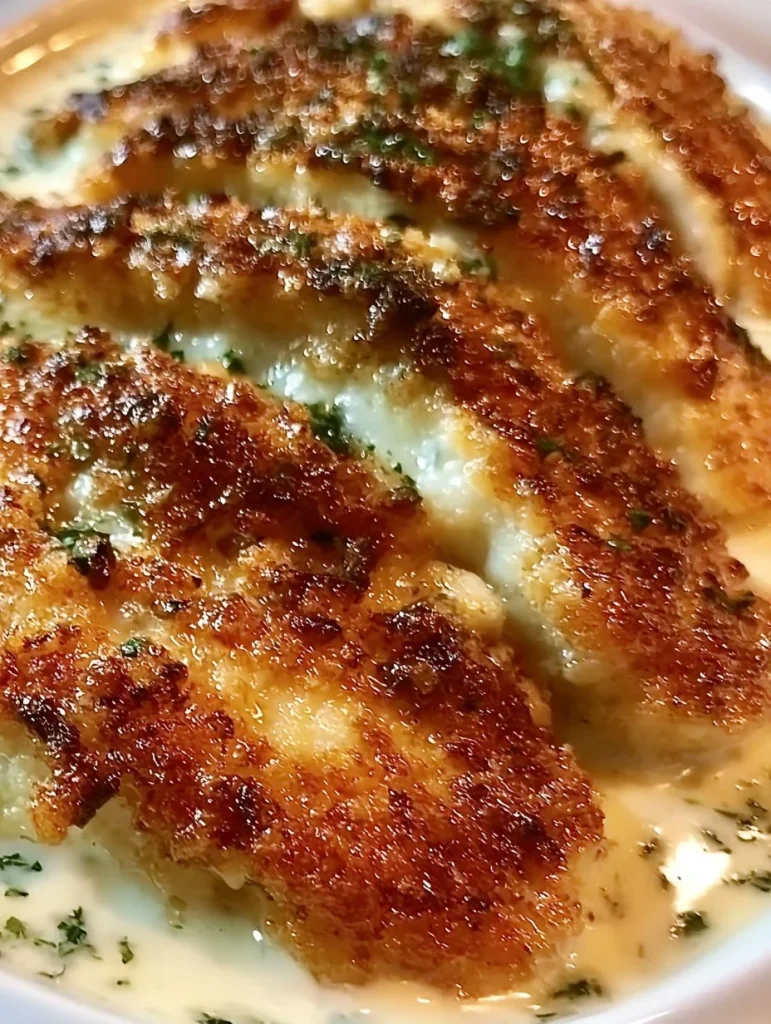 Pollo Crujiente al Parmesano servido con Salsa de Crema de Ajo