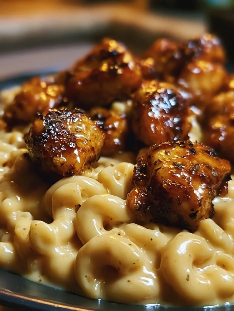 Plato de pollo dulce picante con miel y pimiento, servido con macarrones con queso