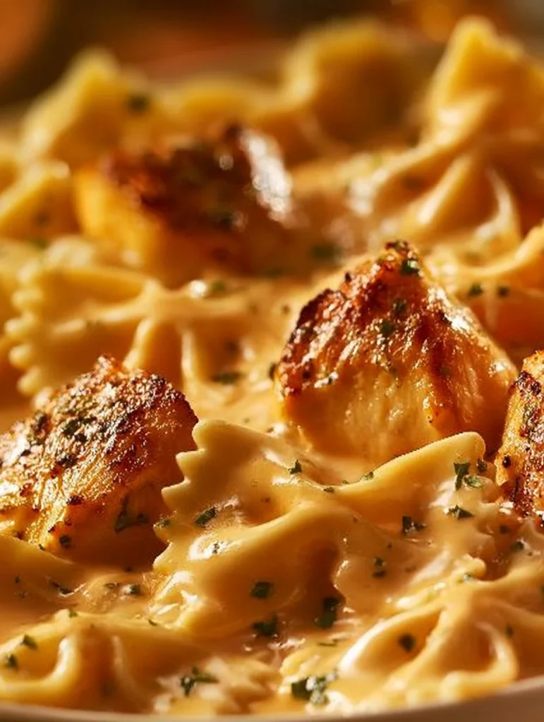 Pollo en salsa cremosa servido con pasta moño, ideal para ocasiones especiales.