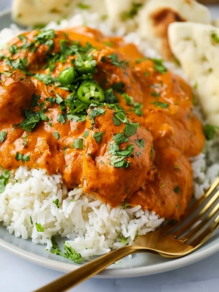 Plato de Pollo Mantequilla con salsa cremosa y aromática.
