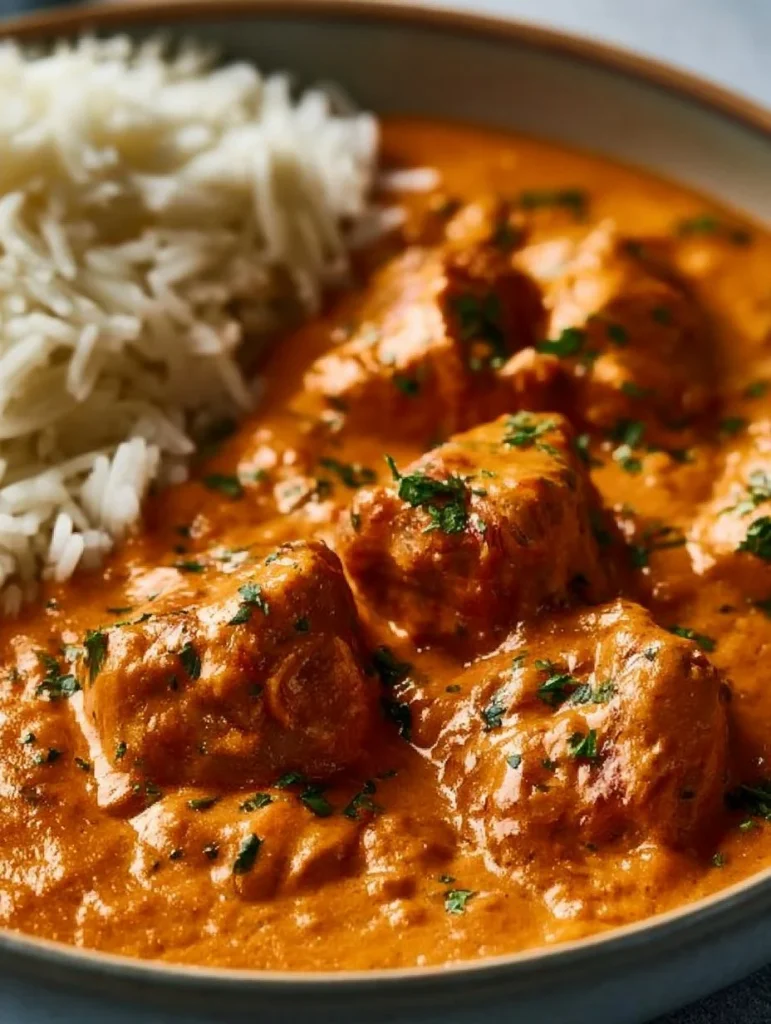 Plato de Pollo Mantequilla Auténtico con salsa cremosa y especias deliciosas