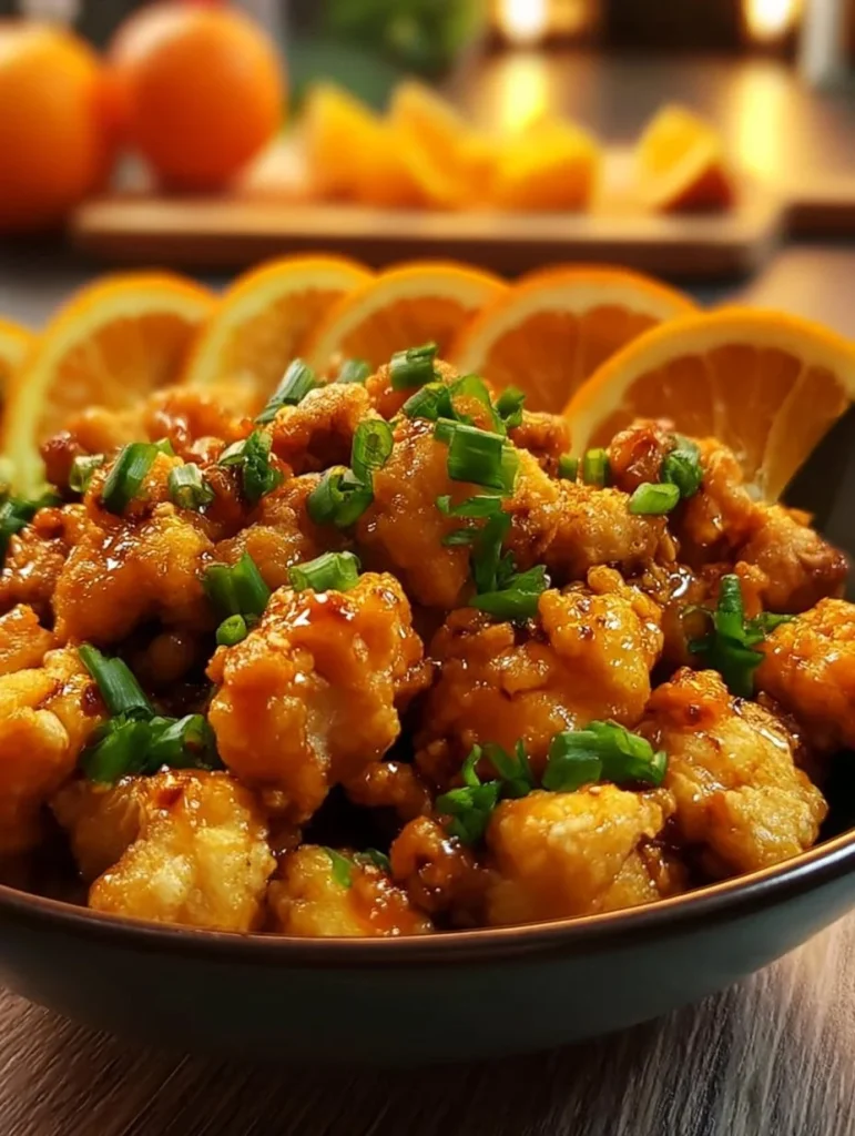 Plato de Pollo Naranja Chino con salsa cítrica y coloridos vegetales.