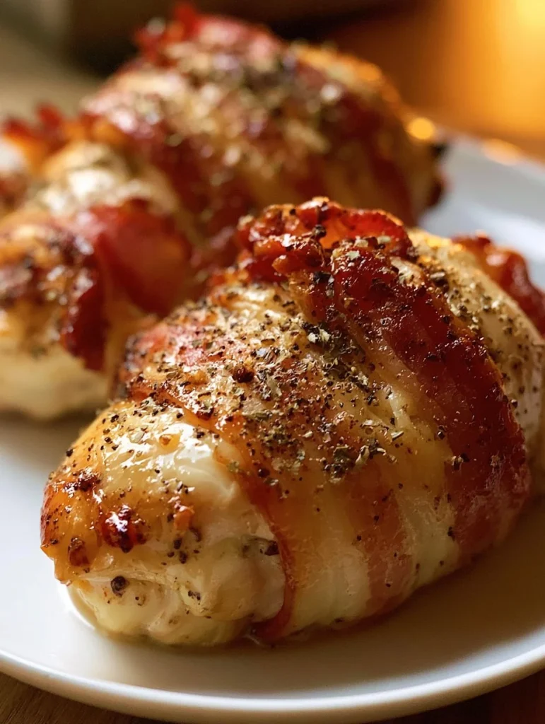 Plato de pollo relleno envuelto en tocino servido con guarnición.