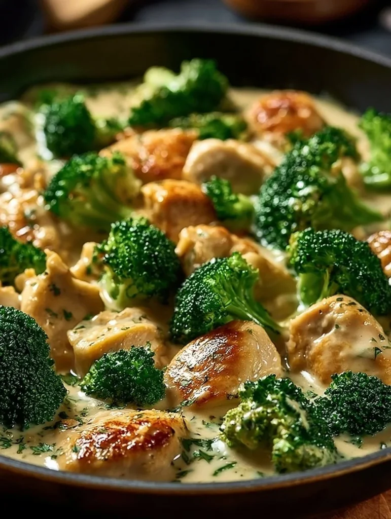 Receta de pollo brócoli cremoso al ajo en sartén