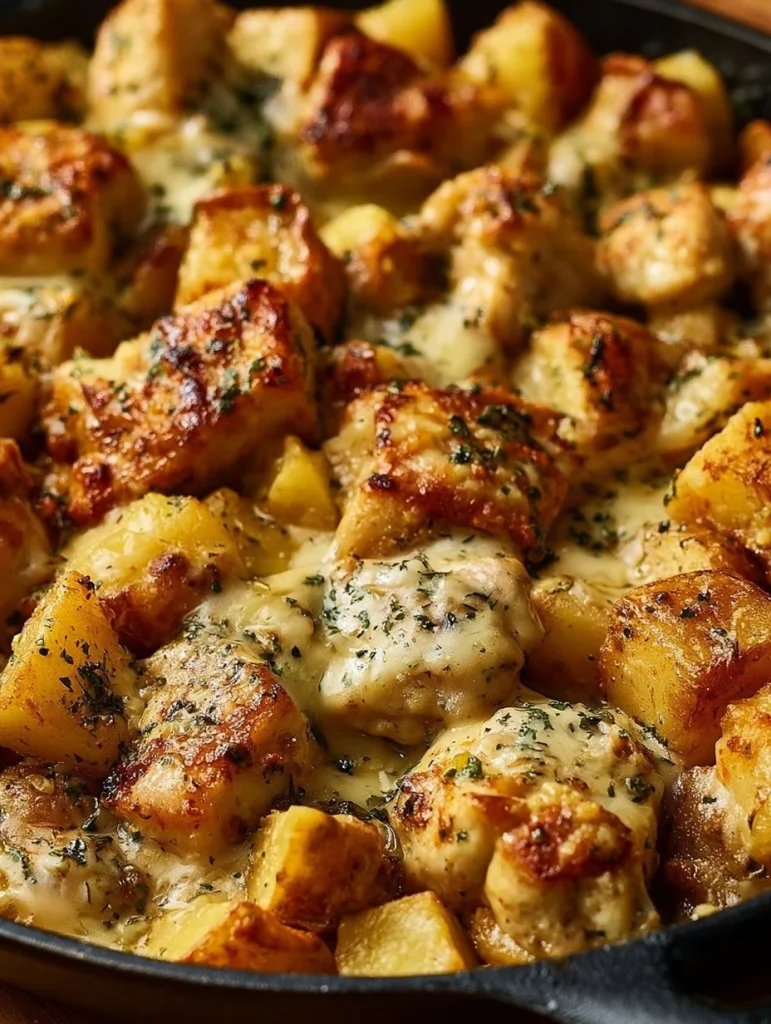 Plato de pollo y papas al horno con ajo y parmesano