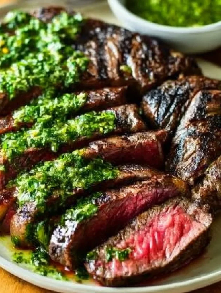 Plato de chimichurri steak jugoso con salsa verde fresca y hierbas