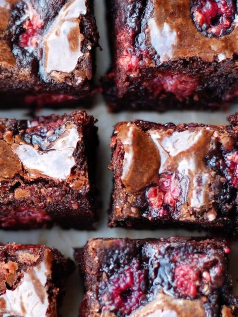 Brownies de frambuesa, postre delicioso con chocolate y frambuesas frescas