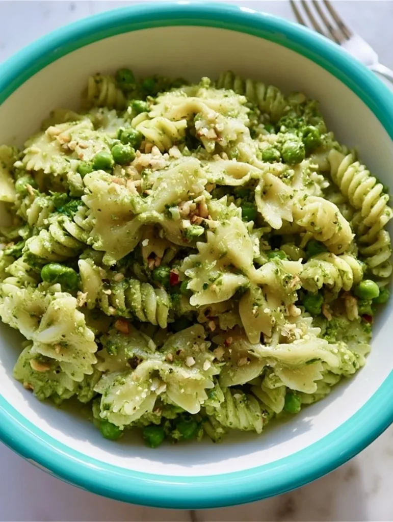 Ensalada de pasta con pesto de Ina Garten en un plato colorido