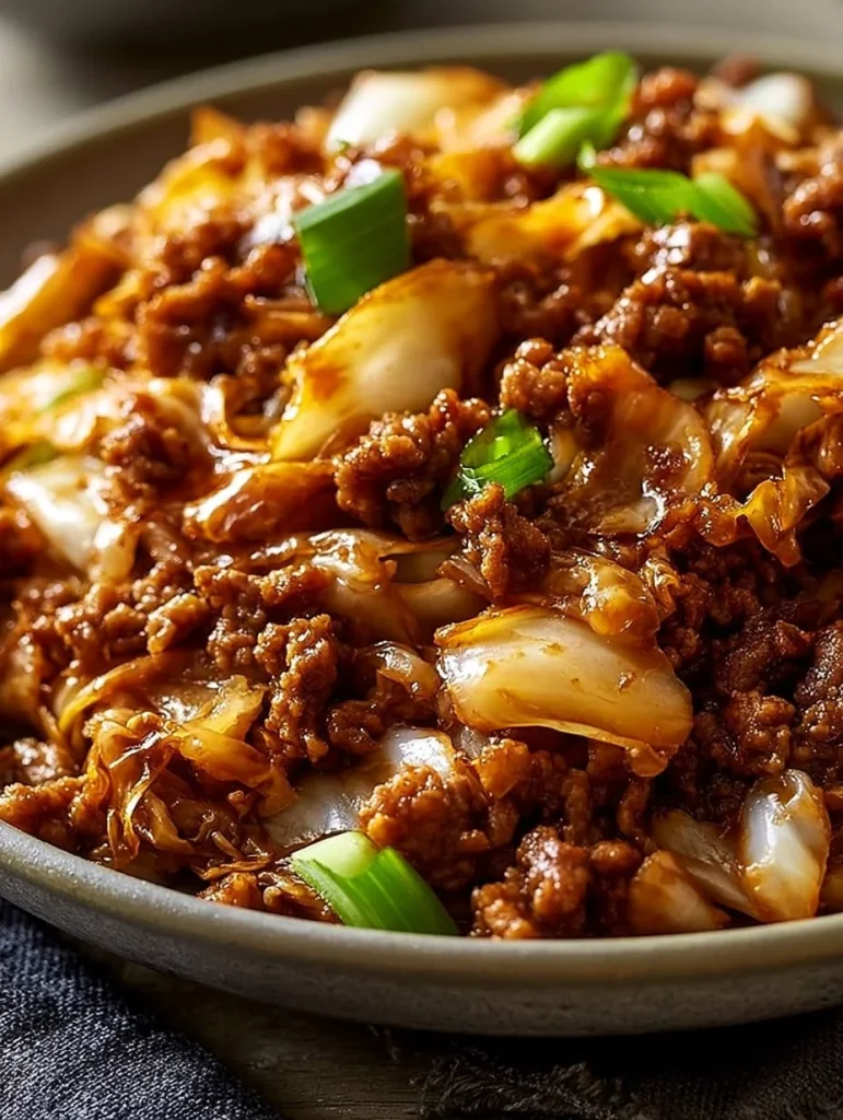 Plato de Repollo Mongol con Carne Molida, colorido y delicioso