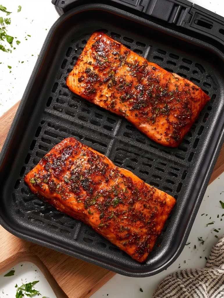 Salmón fácil cocinado en freidora de aire con guarnición fresca