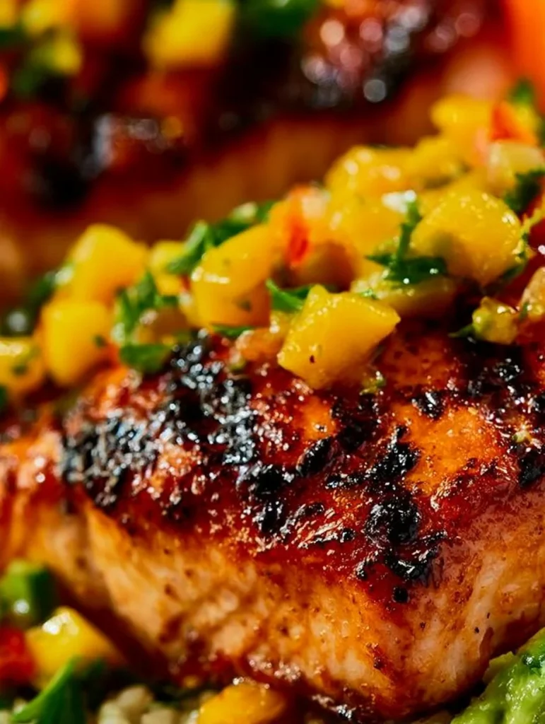 Plato de salmón fresco con salsa de mango sobre un fondo decorativo.