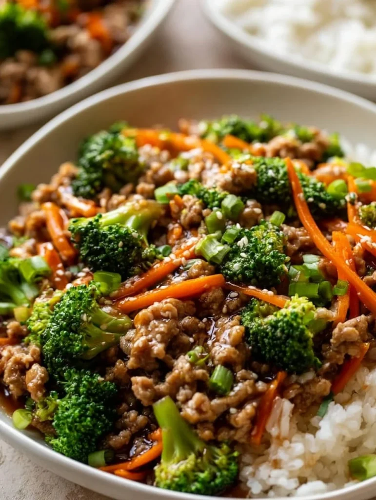 Salteado de pavo teriyaki servido en un plato con vegetales coloridos.