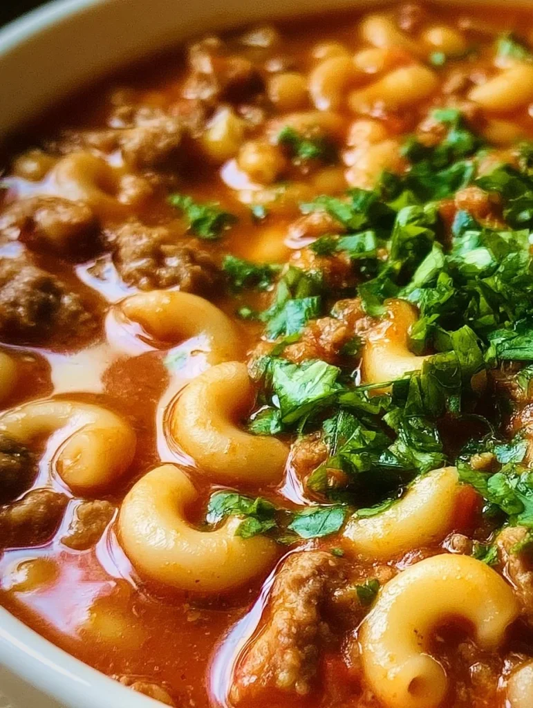 Sopa de Carne de Res y Macarrones servida en un tazón humeante.