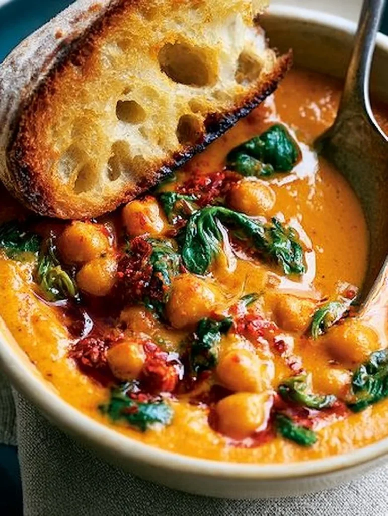 Sopa de garbanzos toscana servida en un tazón con hierbas frescas
