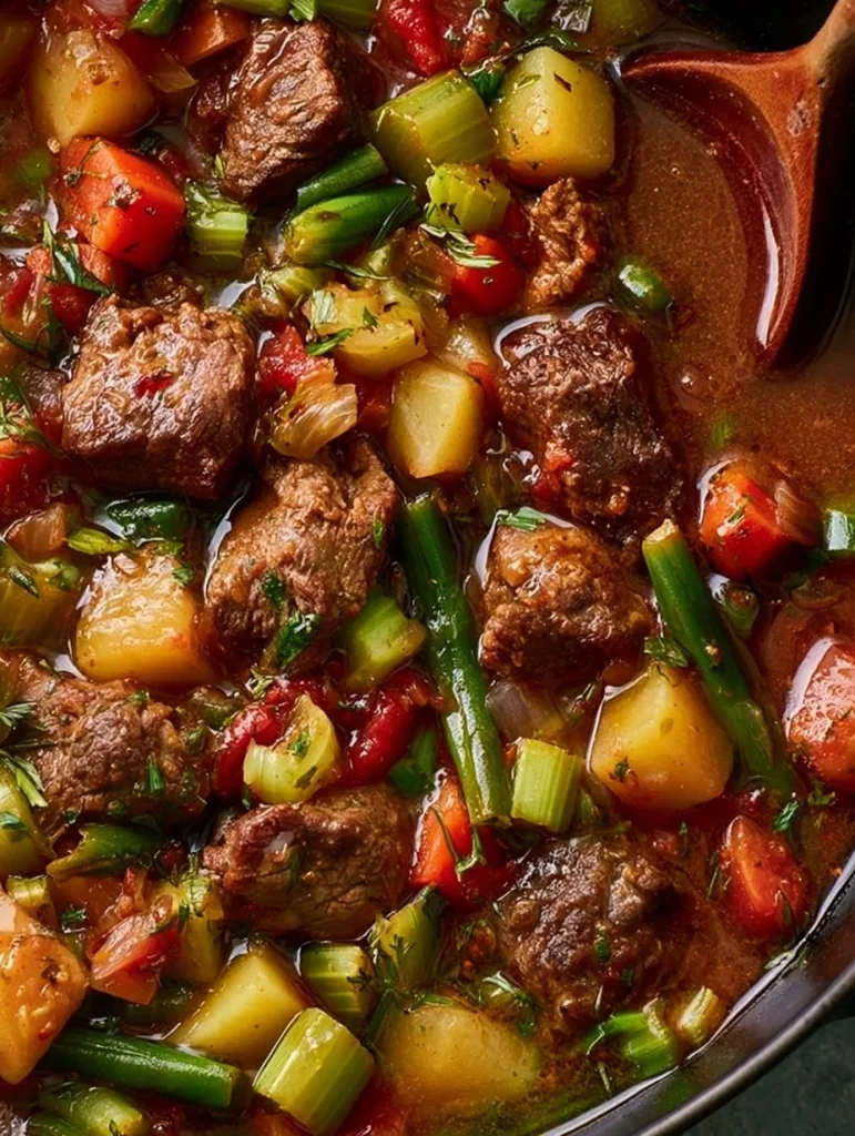 Sopa de Verduras y Carne en un bol, decorada con hierbas frescas