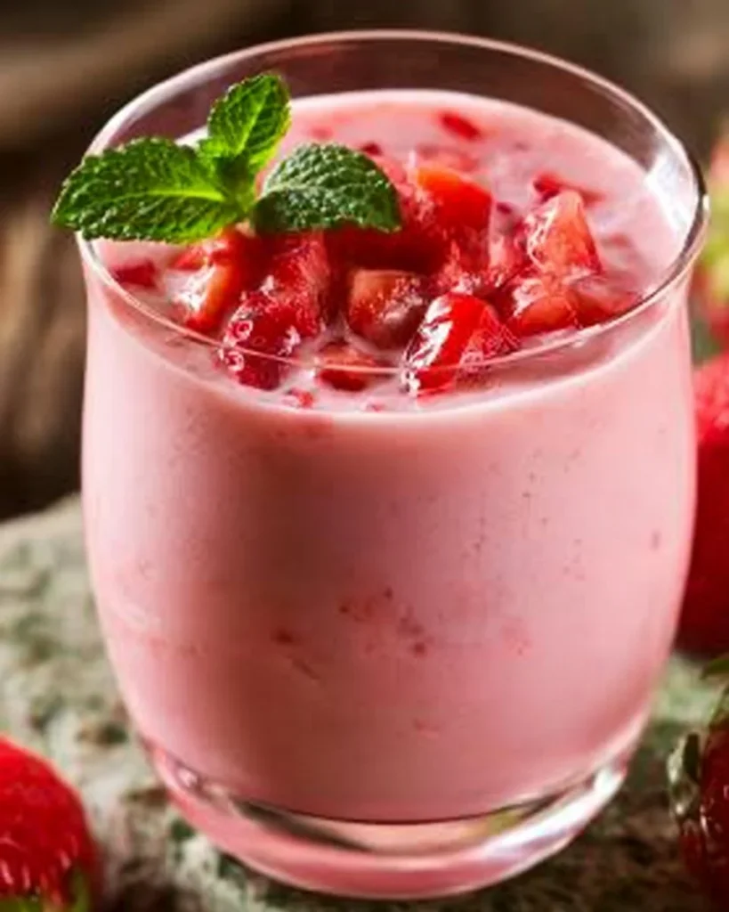 Sopa de yogur de fresa fría en un tazón decorado con fresas y menta.