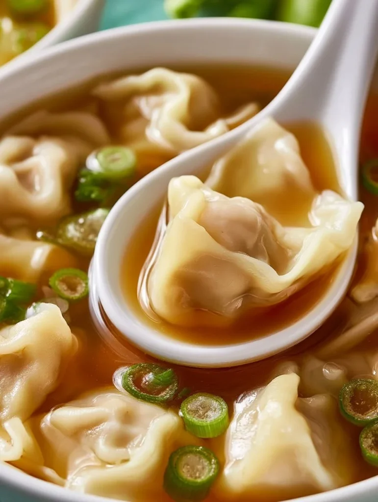Sopa wonton caliente servida en un tazón con ravioles rellenos y caldo sabroso