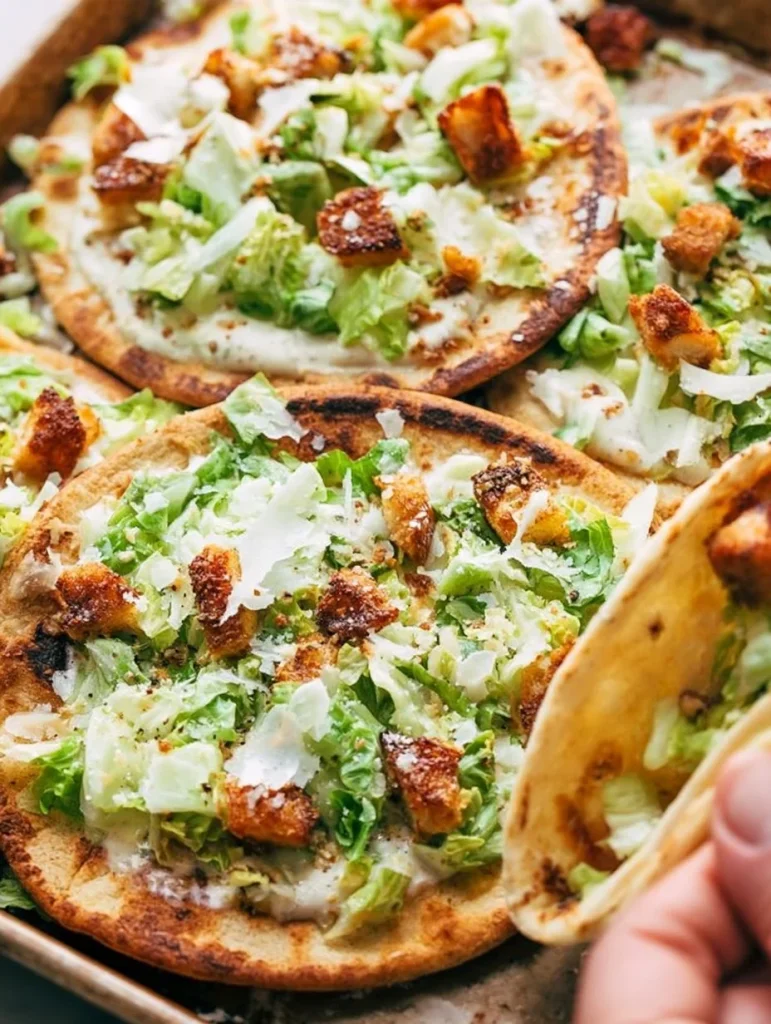 Deliciosos Tacos de Pollo César Smash servidos con guarniciones frescas.