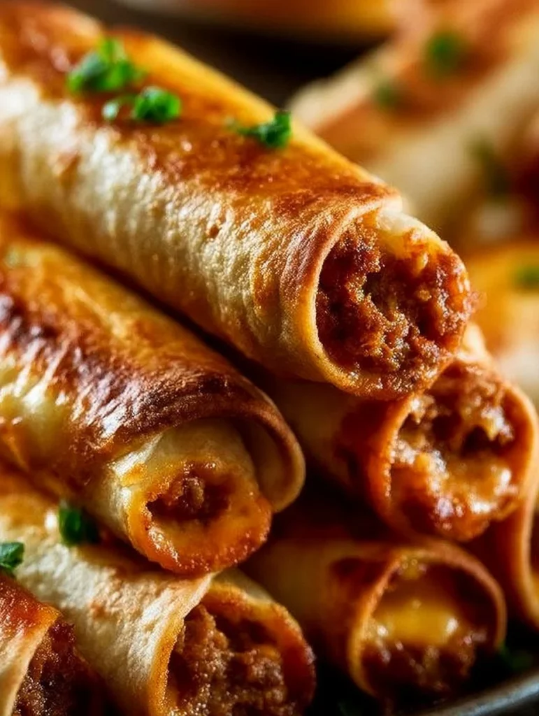 Taquitos crujientes de carne con queso servidos en un plato