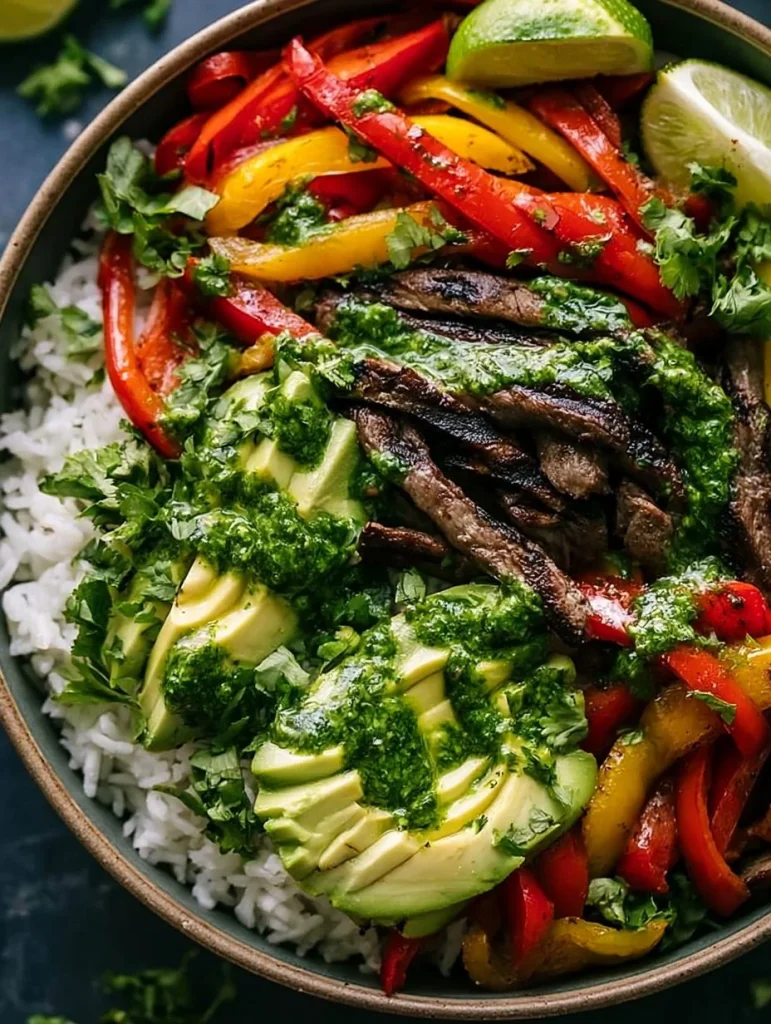 Tazón de carne ahumada fácil con verduras y arroz presentado en un plato colorido.