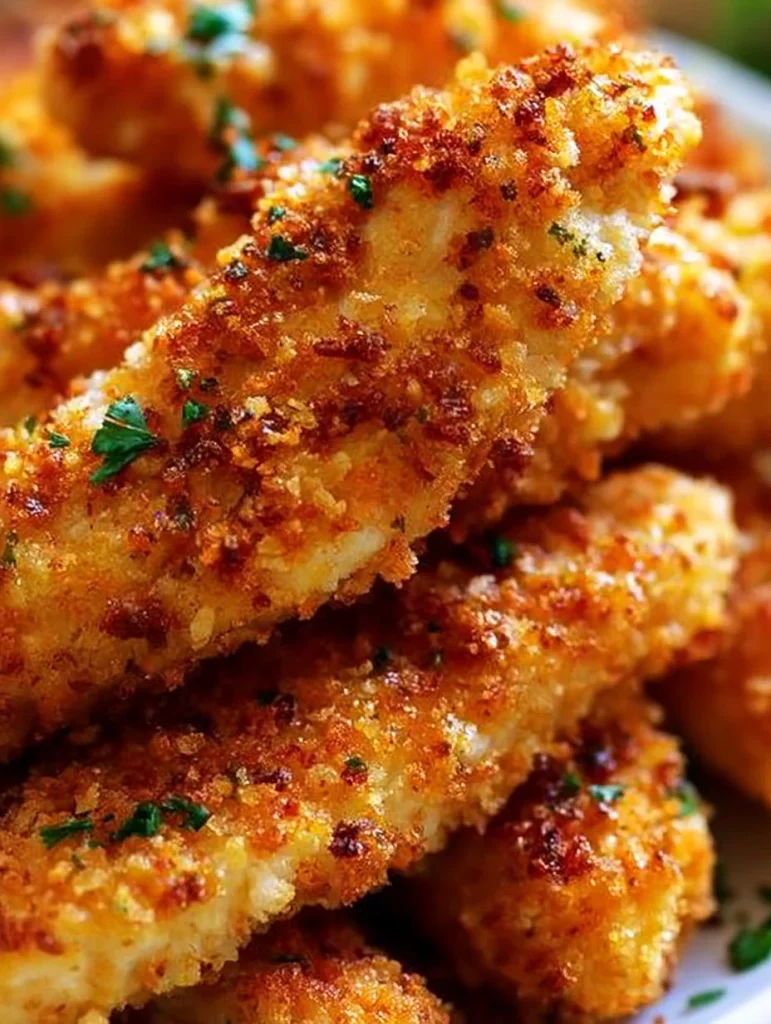 Tenders de pollo al horno dorados y crujientes, perfectos para una cena deliciosa