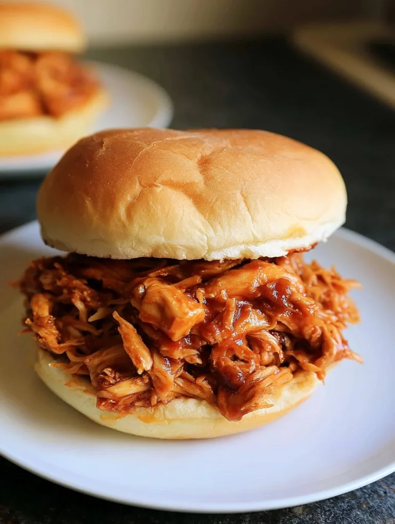 Pollo BBQ desmenuzado cocido en Crockpot con salsa deliciosa.