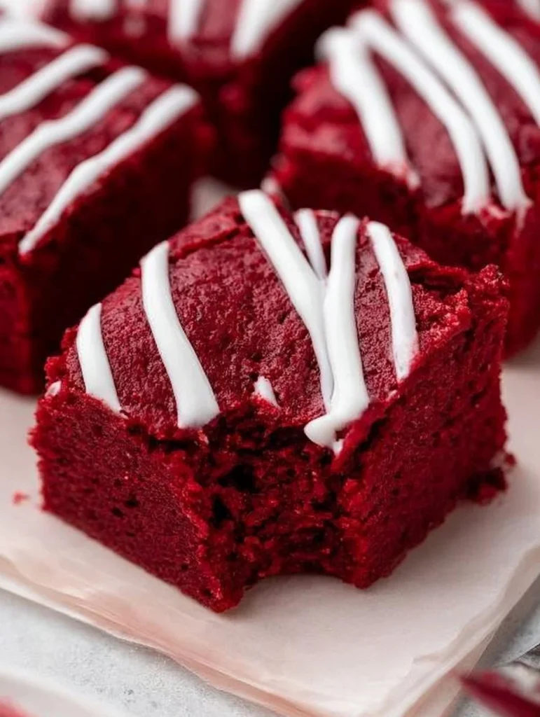 Brownies fudgy de terciopelo rojo recién horneados en un plato