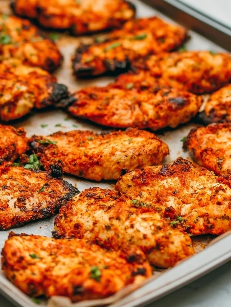 Tiras de pollo al horno sin empanizado servidas en un plato
