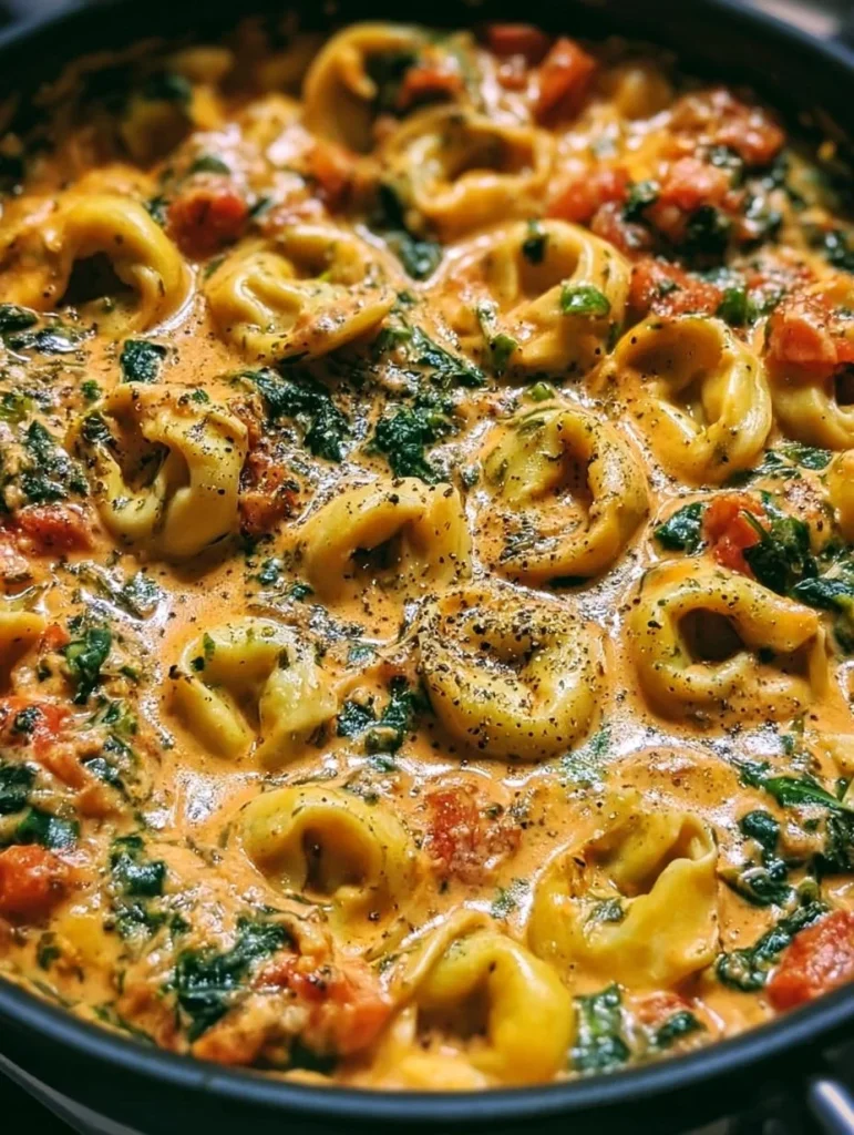 Plato de tortellini de tomate y espinacas que invita a disfrutar de una comida deliciosa