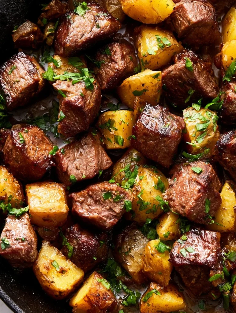Bocados de bistec con mantequilla de ajo y papas en un plato delicioso
