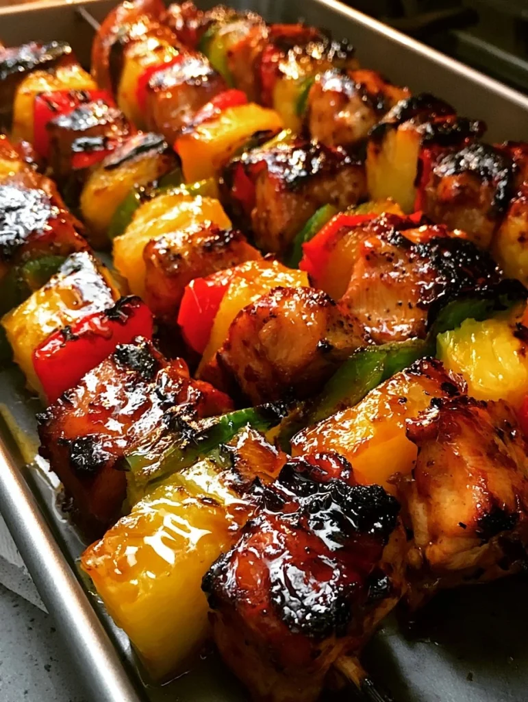 Brochetas de pollo con piña listas para ser servidas en una parrilla.
