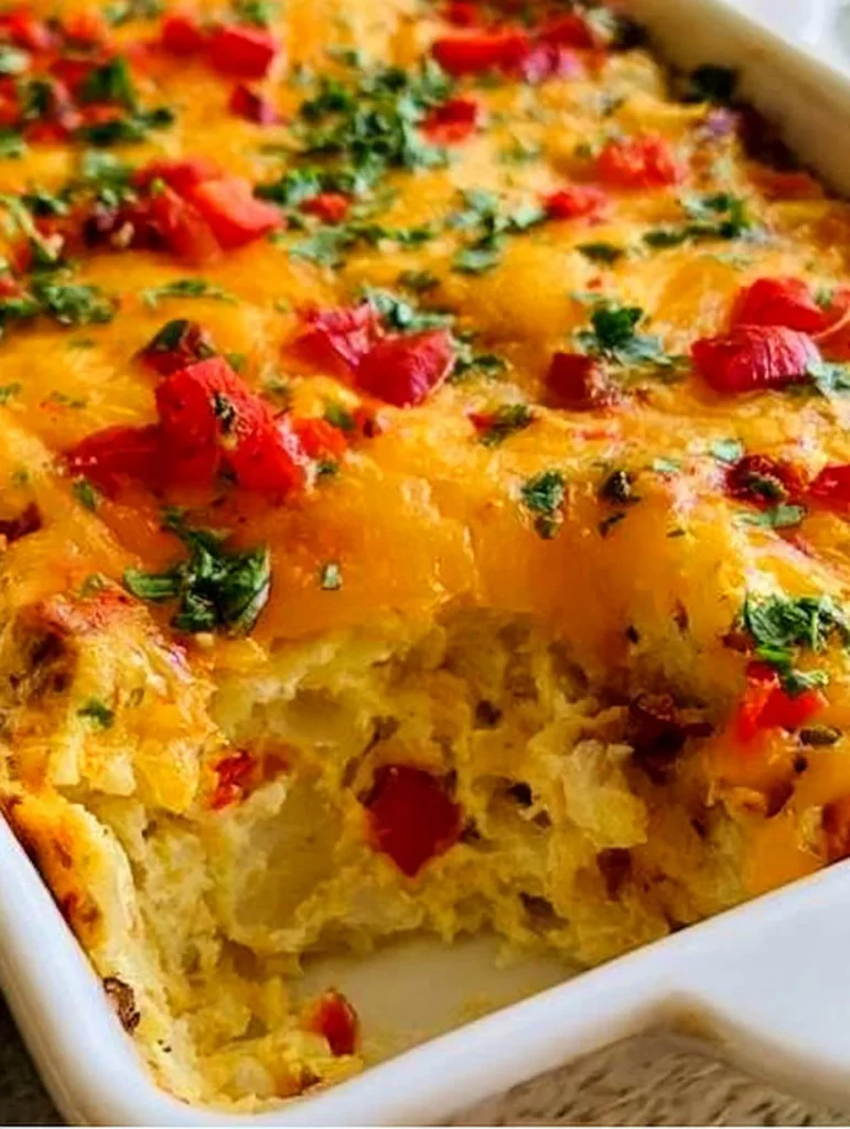 Cazuela de desayuno de Pioneer Woman lista para servir con ingredientes frescos.