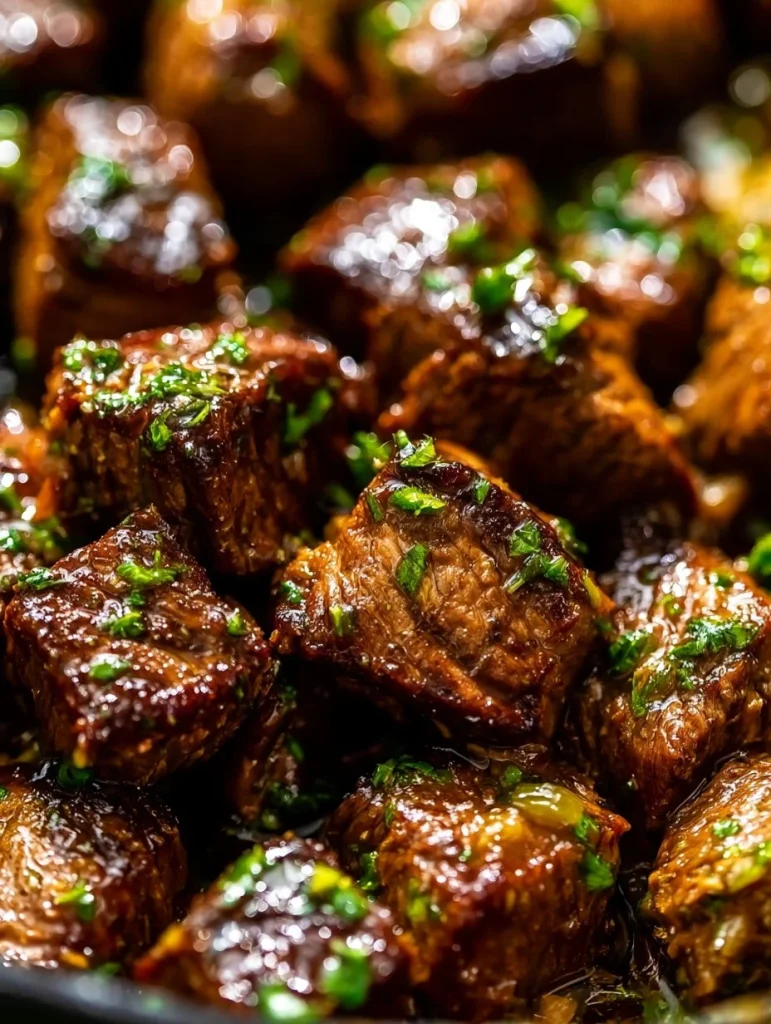 Cubes de res en salsa de mantequilla de ajo servidos en un plato gourmet.