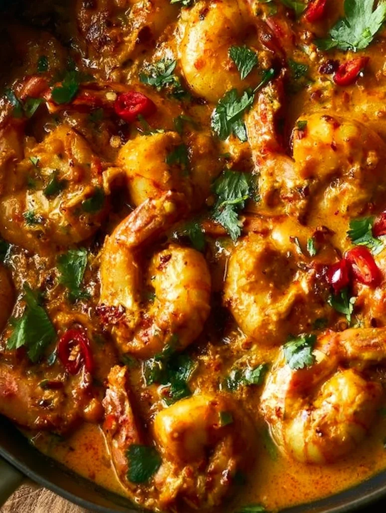 Plato de curry de camarones al coco tailandés servido con arroz.