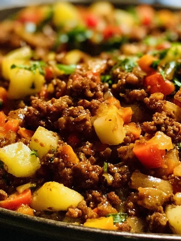 Picadillo mexicano casero cocinado en una sartén con arroz y guarniciones