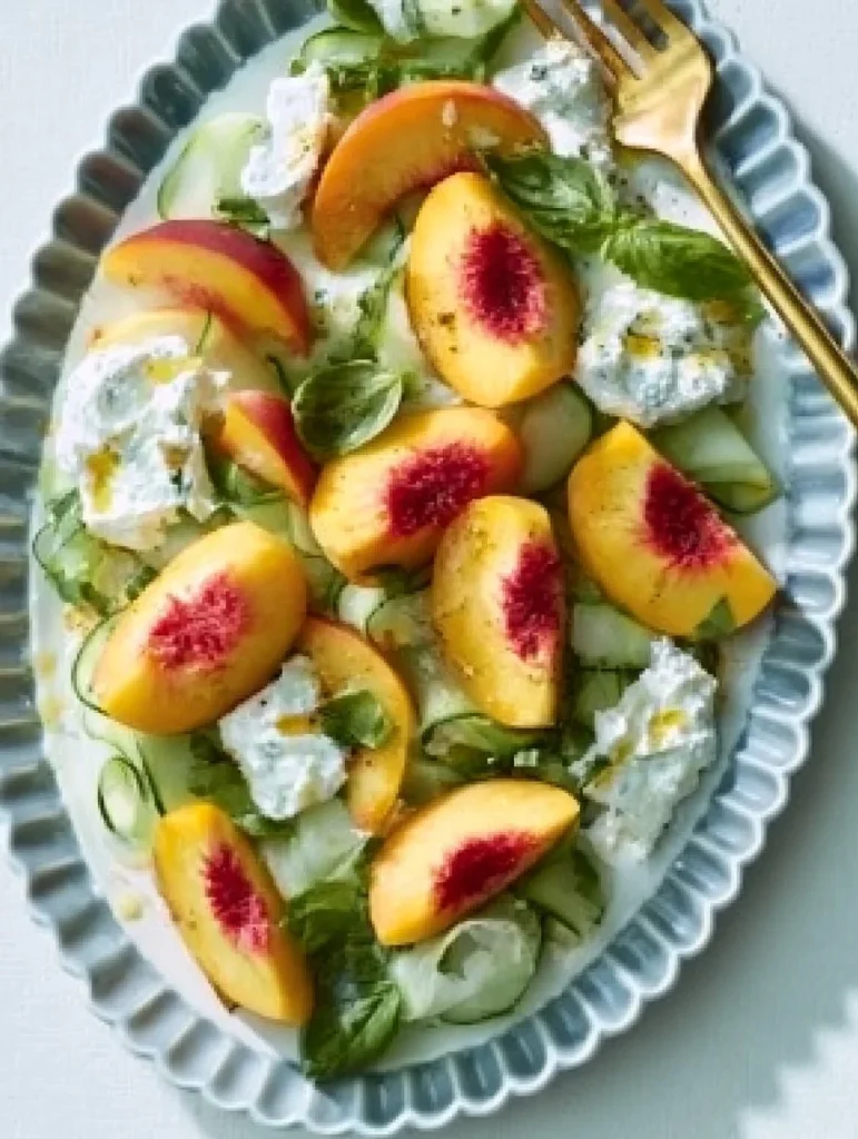 Ensalada Caprese de durazno con burrata en un plato colorido