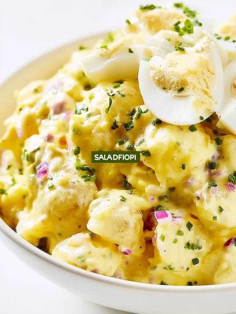 Ensalada de patata clásica servida en un plato blanco decorativo.