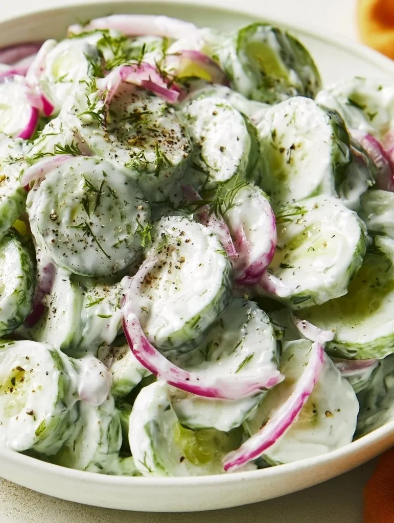 Ensalada de pepino cremosa servida en un bol con ingredientes frescos.