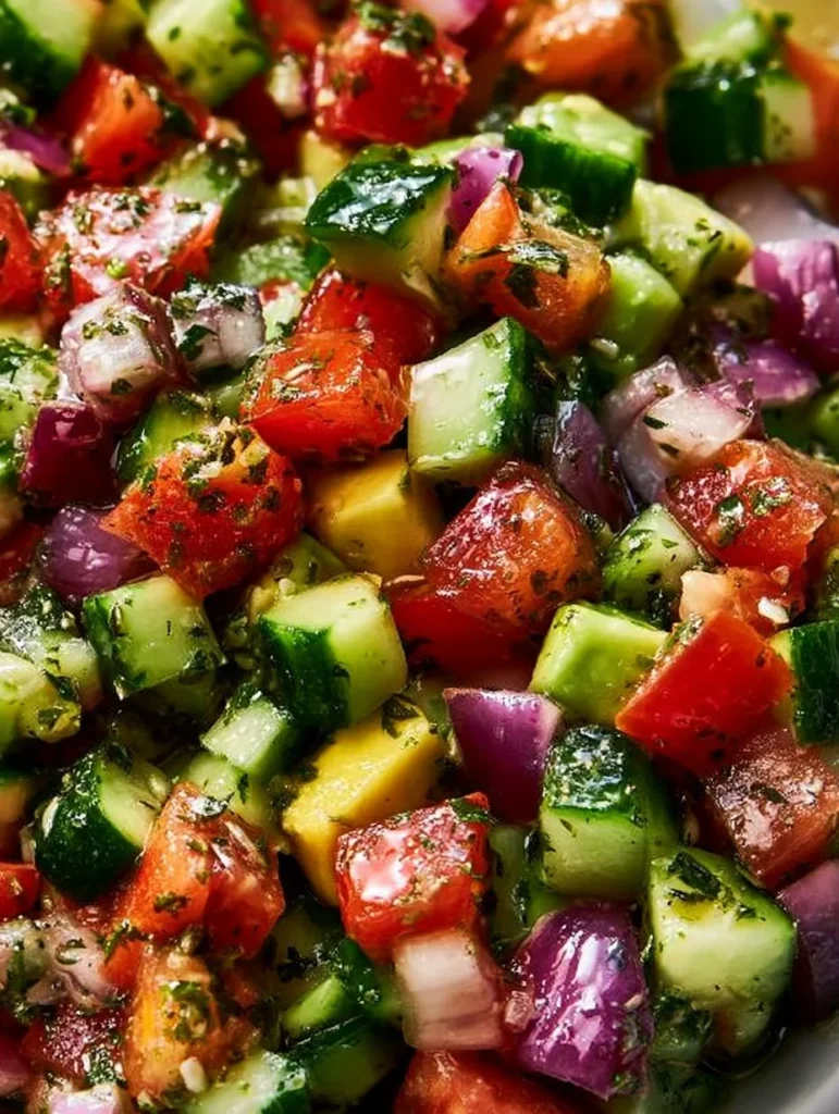 Ensalada mediterránea fresca con verduras coloridas y saludables.