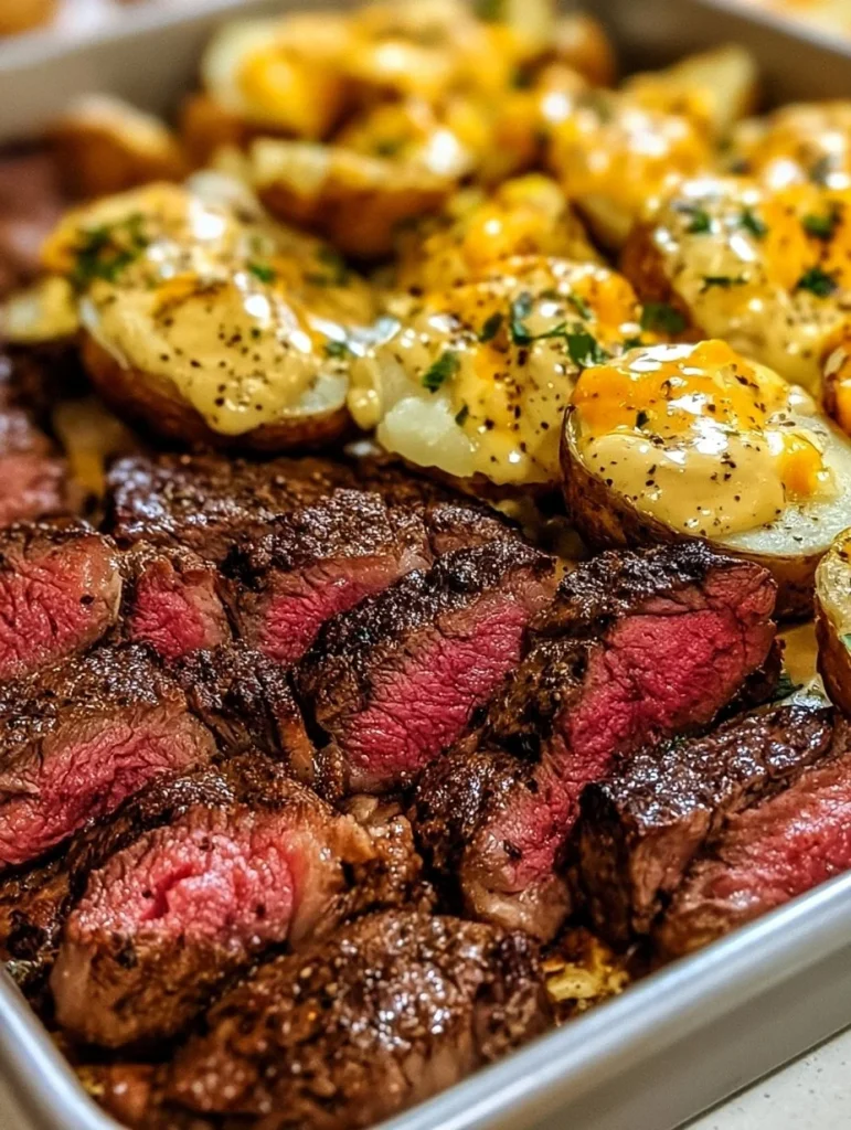Papas cheddar horneadas con bistec y mantequilla de ajo, un plato delicioso.